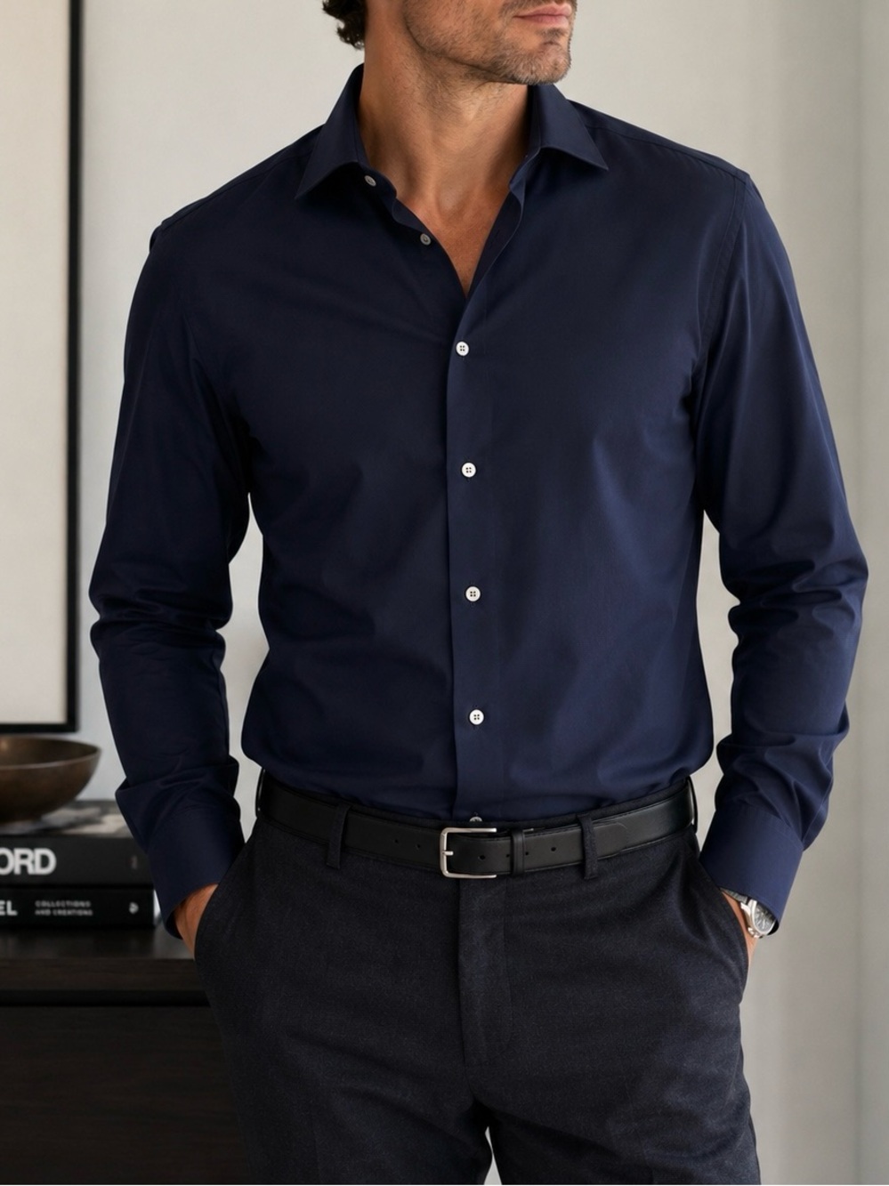 Bergdorf Goodman Men’s L Navy Dress Shirt Made in Italy
